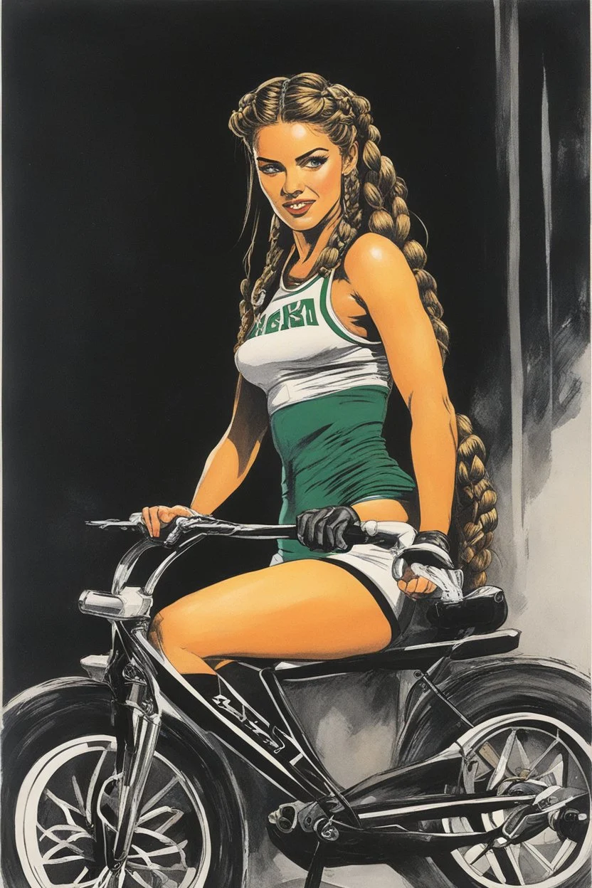 a Celtic girl with braids in a dark tight sport outfit, she does gym on a training bike, panting [Original and final cover art and five interior illustrations by underground comix artist, Spain Rodriguez, from the German edition of Charles Bukowski’s book, Women, circa 1980’s.]