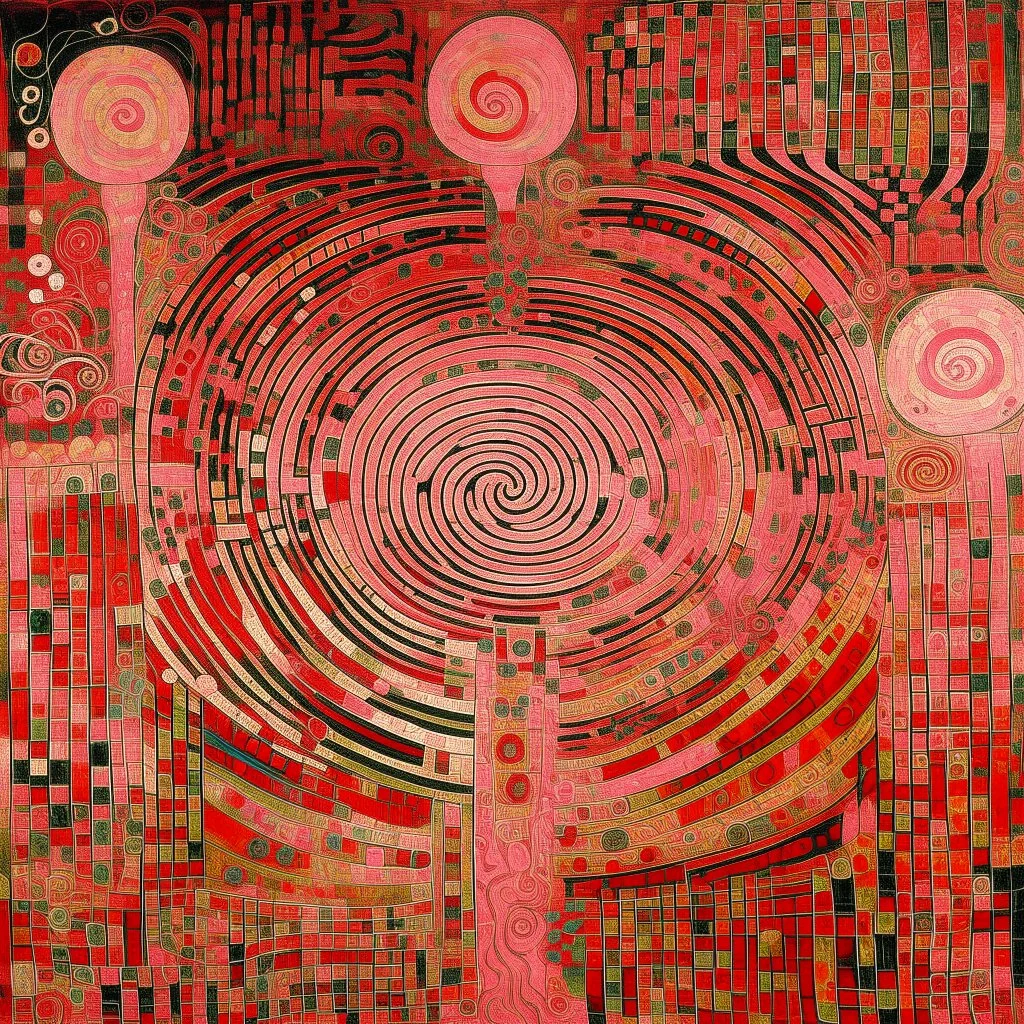 A rosy pink mystical maze of illusion designed in Navajo baskets painted by Gustav Klimt