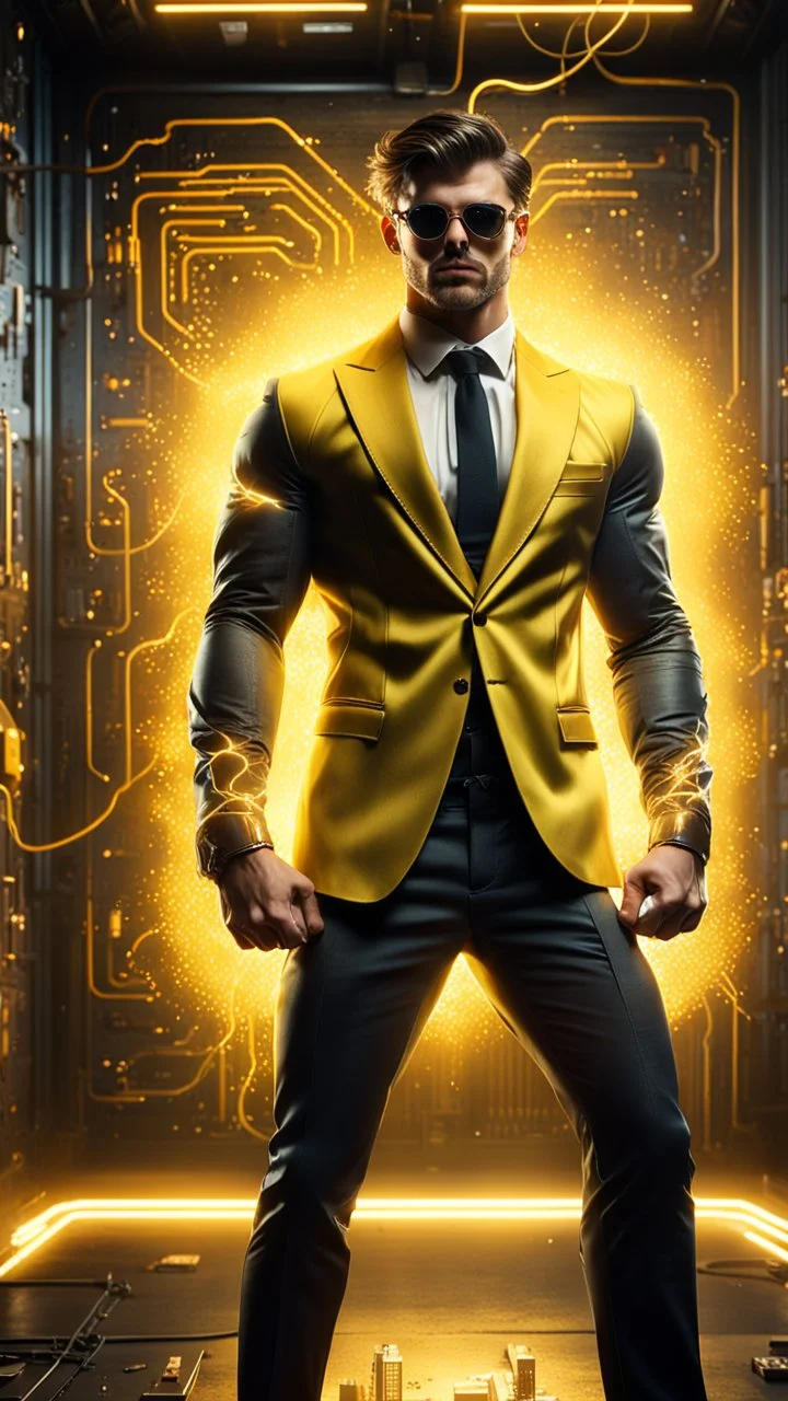 Hyper Realistic handsome muscular Electric-Superhero wearing long-fancy-yellow-tuxedo & fancy-sunglasses in a dark-rustic-circuit-room with electric-sparks-&-rays & a massive circuit-board-wall showing dramatic & cinematic ambiance.