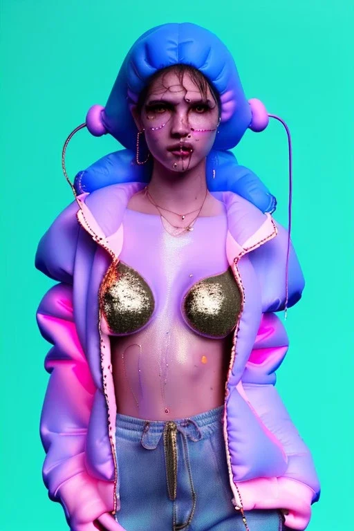 Ultra Realistic image, Rosalía artist, portrait, waist up portrait, long black eye line, sweet face, inflatable hoodie, gold pink and blue style, spray glow make up, led rings piercing nose, led ornament, fog, hot, inflatable style bubble latex coat, vibrant color, highly detailed, art stations, concept art, smooth, unreal engine 5, god rays, ray tracing, RTX, lumen lighting, ultra detail, volumetric lighting, 3d, finely drawn, high definition, high resolution.