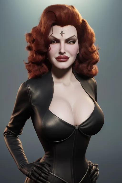 Rita Hayworth as evil queen in black leather, busty, cleavage, curvy, angry, stern look. character design by cory loftis, fenghua zhong, ryohei hase, ismail inceoglu and ruan jia. unreal engine 5, artistic lighting, highly detailed, photorealistic, fantasy