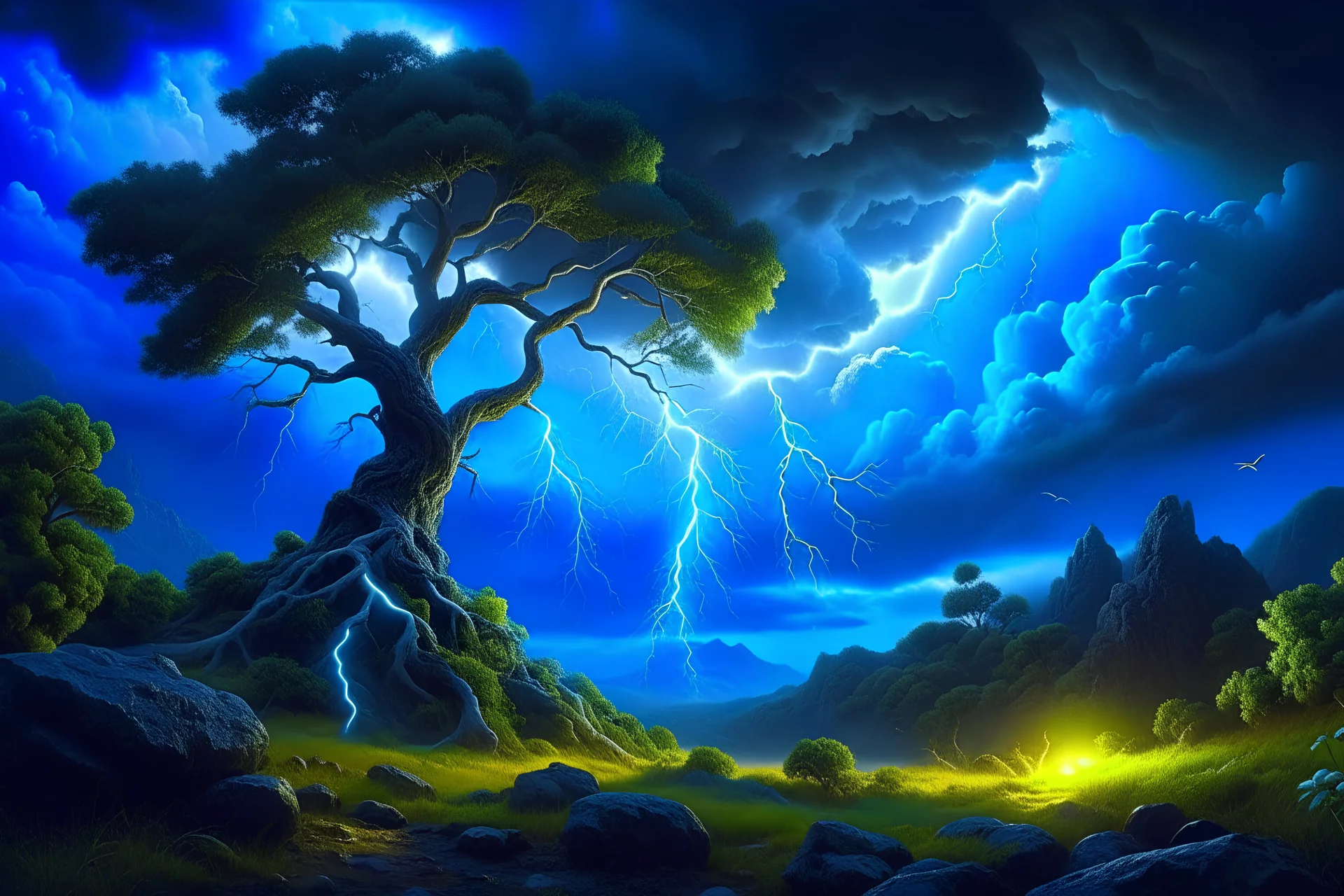 Epic cinematic breathtaking intricate insanely detailed painting of dramatic storm clouds and blue moonlight glow on an aesthetic remarkable old white oak tree, river, winding path, remote village & mountains, by tomasz allen kopera, dariusz zawadzki, andreja peklar, ivan shiskin, beautiful, colorful, cosmic, ultra detailed, ultra realistic, a masterpiece, polished, crisp quality