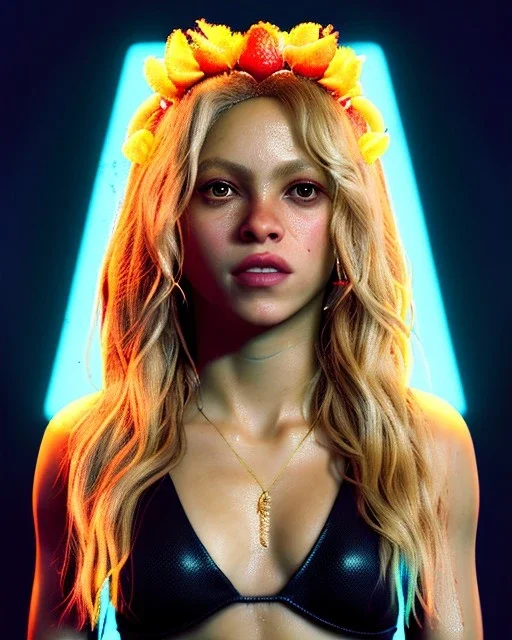 portrait, Shakira, blonde artist, Realistic image, drinking a strawberry milkshake, gold line make-up, sweat, fog, goddess style, Neon colors, leds. Black background, photo studio, concept art, smooth, unreal engine 5, god lights, ray tracing, RTX, lumen lighting, ultra detail, volumetric lighting, 3d, finely drawn, high definition, 4k.