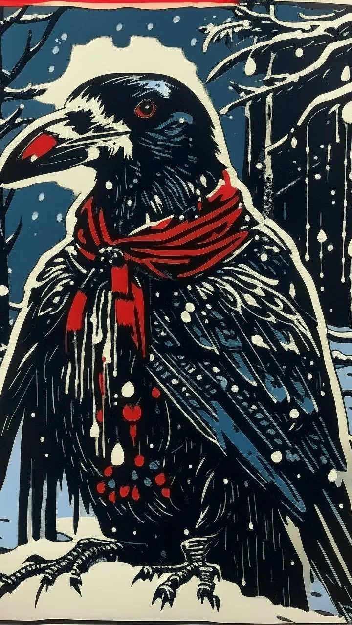 A contemporary serigraphy by Matisse of a human-like crow adorned in a punk leather jacket within a snowy Christmas atmosphere.