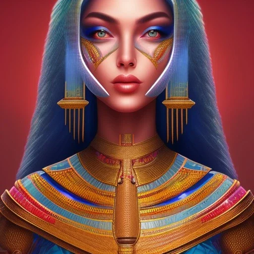 3D close-up of a beautiful Arab pharaonic girl, sarcastic smile, high contrast, glowing backlighting, blue and red backlighting, vibrant hair, dark brown eyes, sharp focus, high makeup, medium face painting, background blur.Mark Ryden