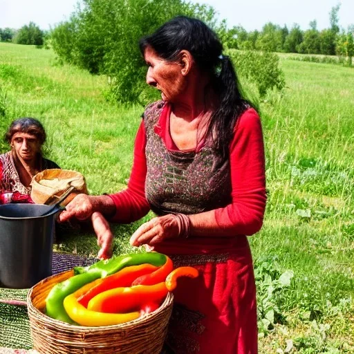 woman giving a jar of peppers to gypsies