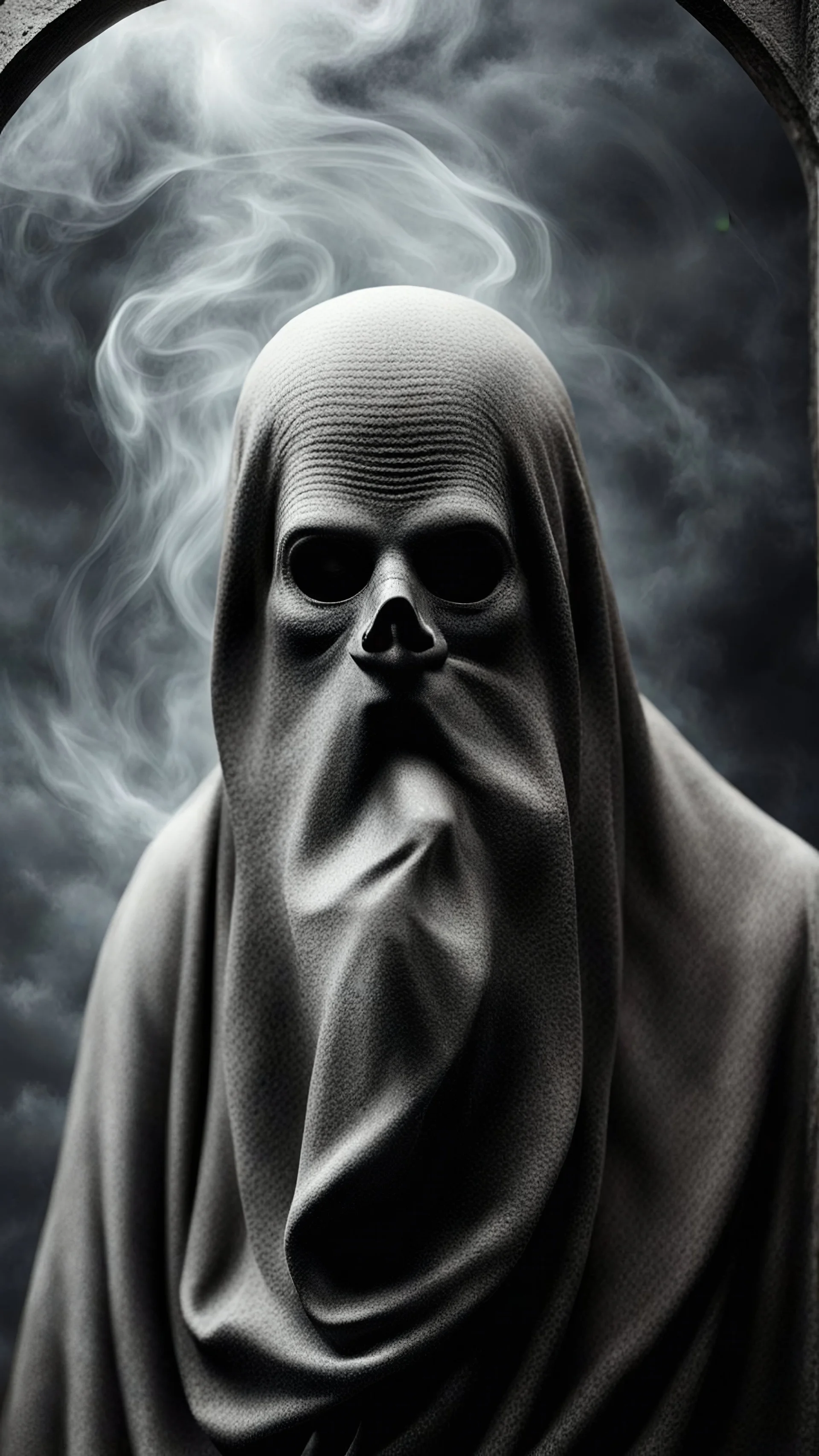 Photograph of odd open space, metaphysical, abstruse giant ghost with dark eyes no mouth or nose or hair very detailed, persons,all in gray color