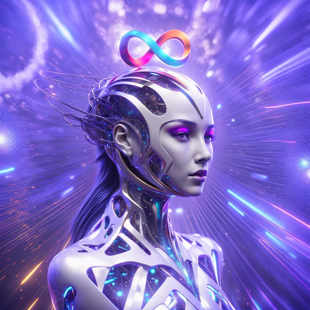 ∞ 3D infinity symbol, perfect infinity ∞, bright colors, +infinity totally-symmetrical ∞, head and upper body, cutting edge technology, exotic, inspiring, fantasy, scientific, friendly, beautiful, octane render, 8k post-production, artstation: award-winning: atmospheric: commanding: fantastical: clarity: 16k: ultra quality: striking: brilliance: liquid medium: stunning colors: amazing depth; lens: f/8, 24mm