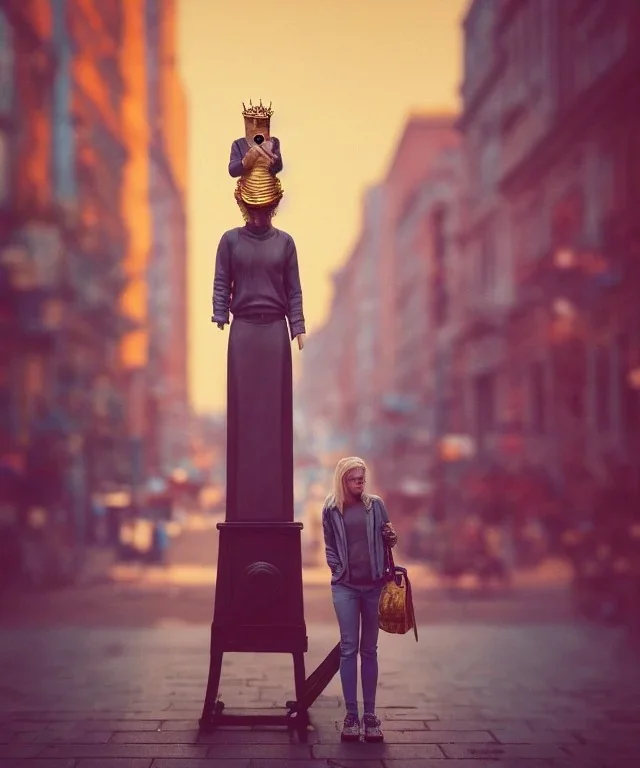 Statue of Queen of photography. Cute blonde woman. Photographer in golden crown. Standing on the street. Big camera in her hand. hyperdetailed, photorealistic, trending on artstation, greg rutkowski, beksinski, kodachrome, lomography, golden hour, bokeh, volumetric light