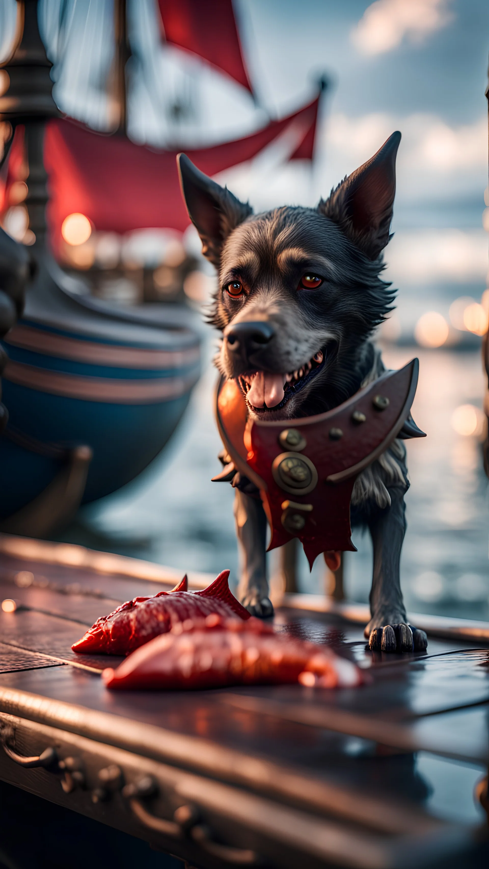 portrait of a vampire werewolf dog sucking the blood of fish on a viking ship, on a glass pier ,bokeh like f/0.8, tilt-shift lens 8k, high detail, smooth render, down-light, unreal engine, prize winning