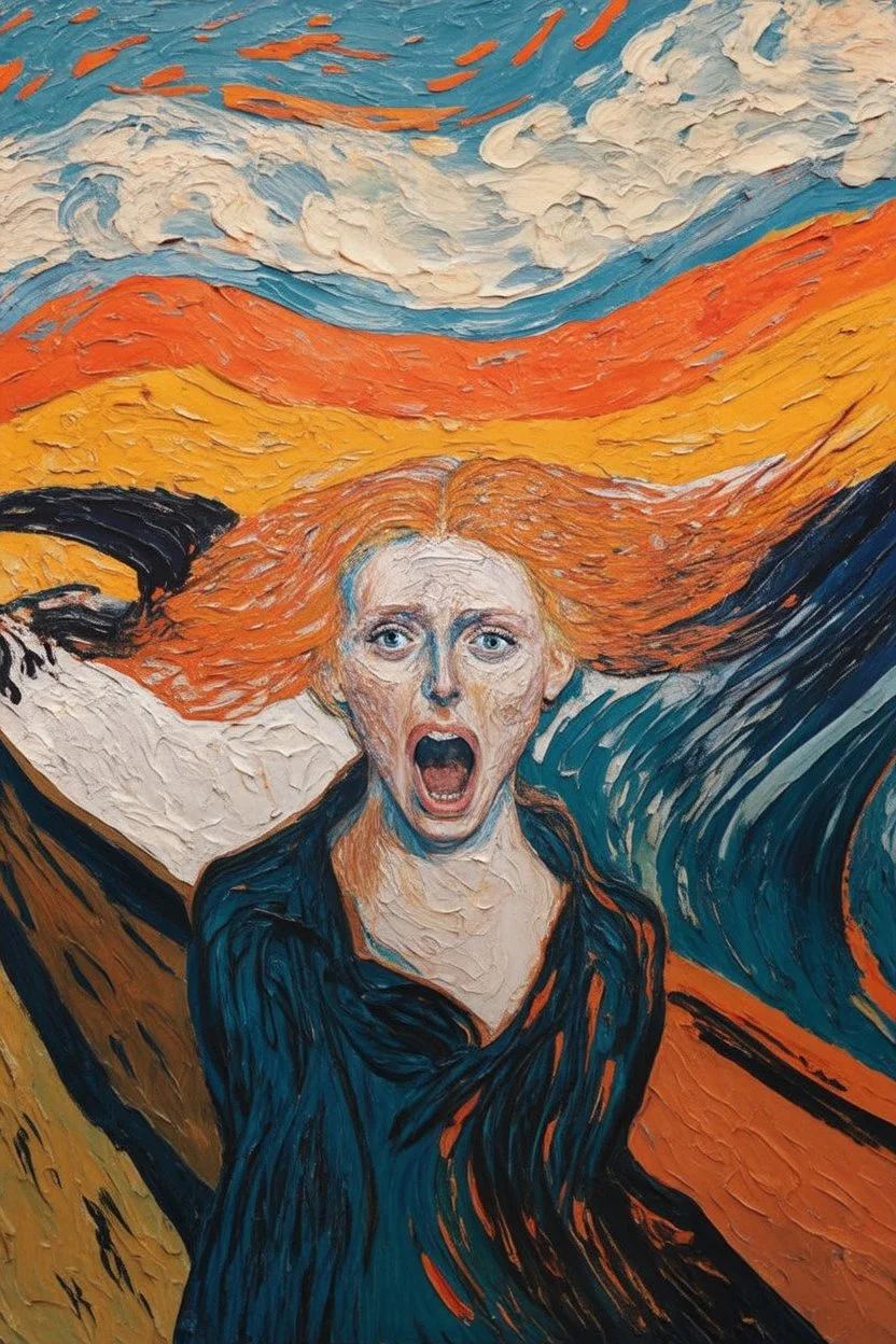 Background of a vortex made in the style of Vincent Van Gogh with a woman screaming a la Edvard Munch's "The Scream" in the center.