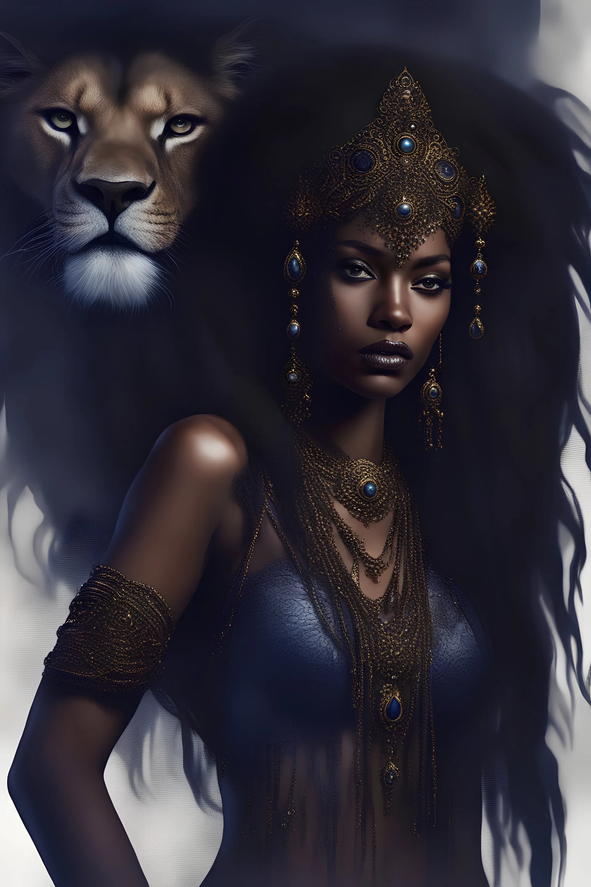 hot worrior woman of water , with mixing a lion style accessories and fashion and hair style, belly,ornaments hair,sparkle ,candels,realistic,portrait,a hauntingly beautiful masterpiece emerges from the depths of darkness: an ethereal, noir-inspired portrait of a figure brown skin shrouded in misty shades of midnight blue and smoky charcoal, exuding a sense of mysterious allure and captivating the viewer with its enigmatic gaze