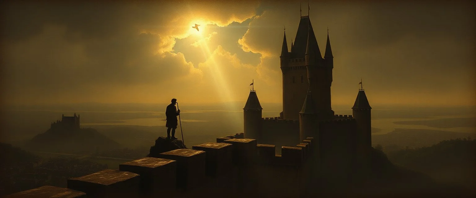 person looking down from top of castle tower, He’d turn the castle into a psychedelic mood, not just a building Instead of a clean, detailed fortress, you’d likely get something emerging from shadow—half-hidden, dramatic, almost mysterious. Think less “tourist postcard,” more “something important just happened here.” Light would be the main character Rembrandt’s signature style—Chiaroscuro—would dominate. Maybe a single beam of light hitting a tower