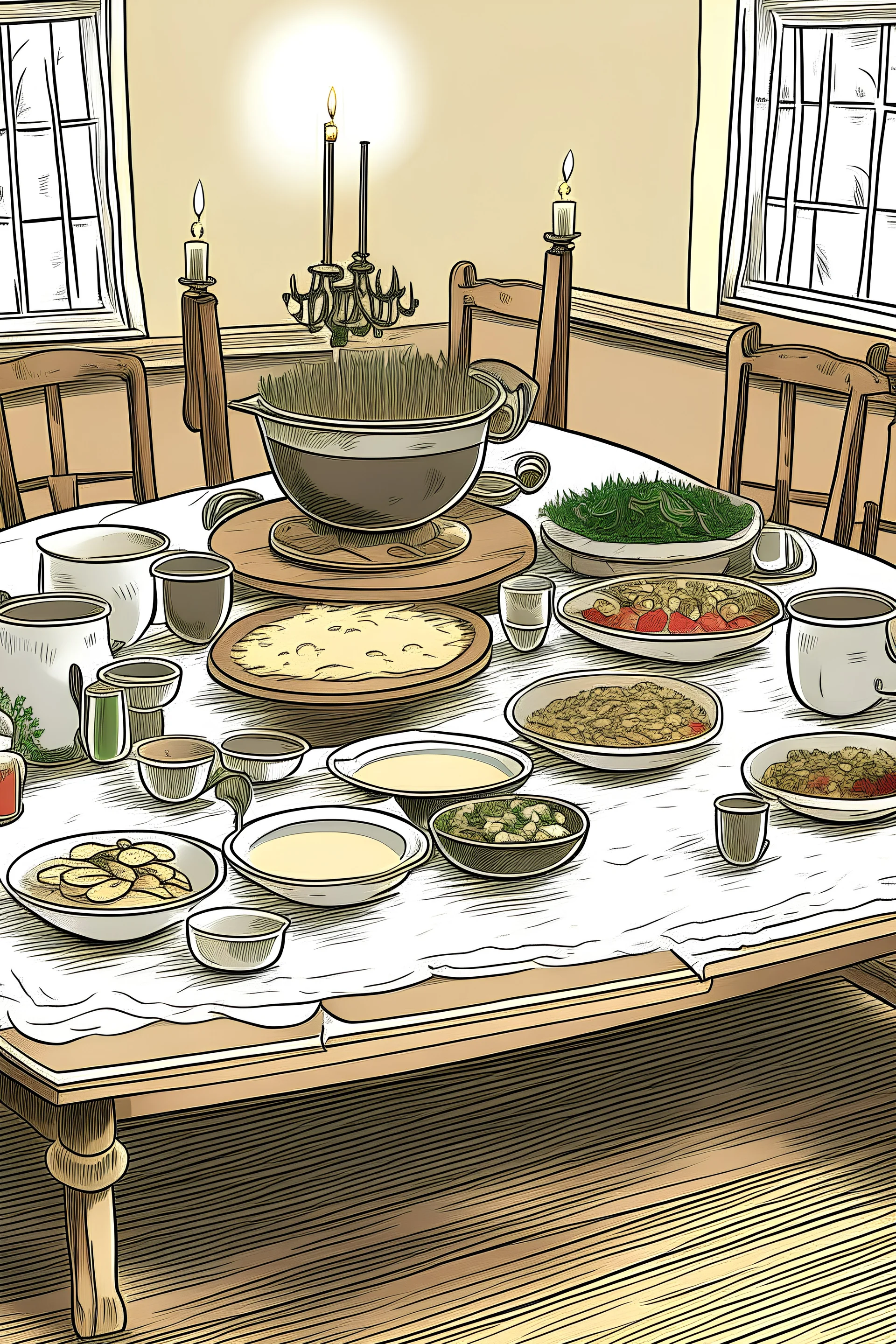 A drawing of a christmas table with kettles filled with porridge