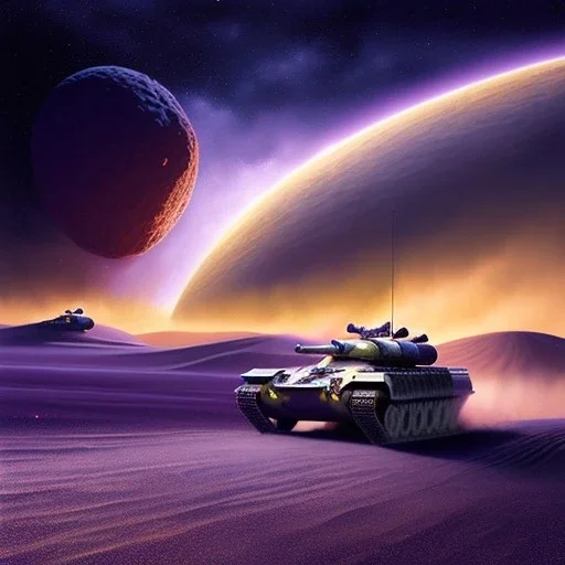 Raloh mcquarrie painting of a Futuristic armored tank rolling over a crater, purple sky, 4k, highly detailed, minutiae, trail with boulders