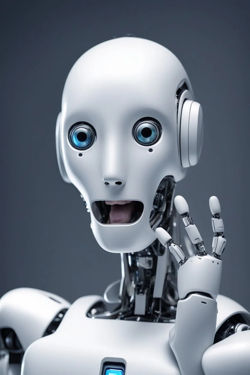 the AI robot showing surprise on his face expression and cover his mouth with his hand