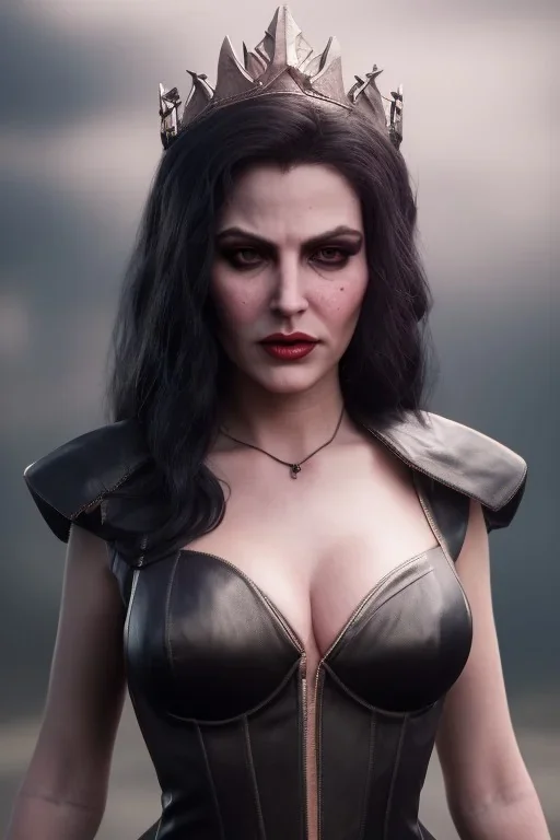 busty evil queen in leather gown, cleavage, angry, stern look, unreal 5, octane render,cinema4d, dynamic lighting, dramatic lighting, 4k, redshift render, highly detailed, hyper realistic