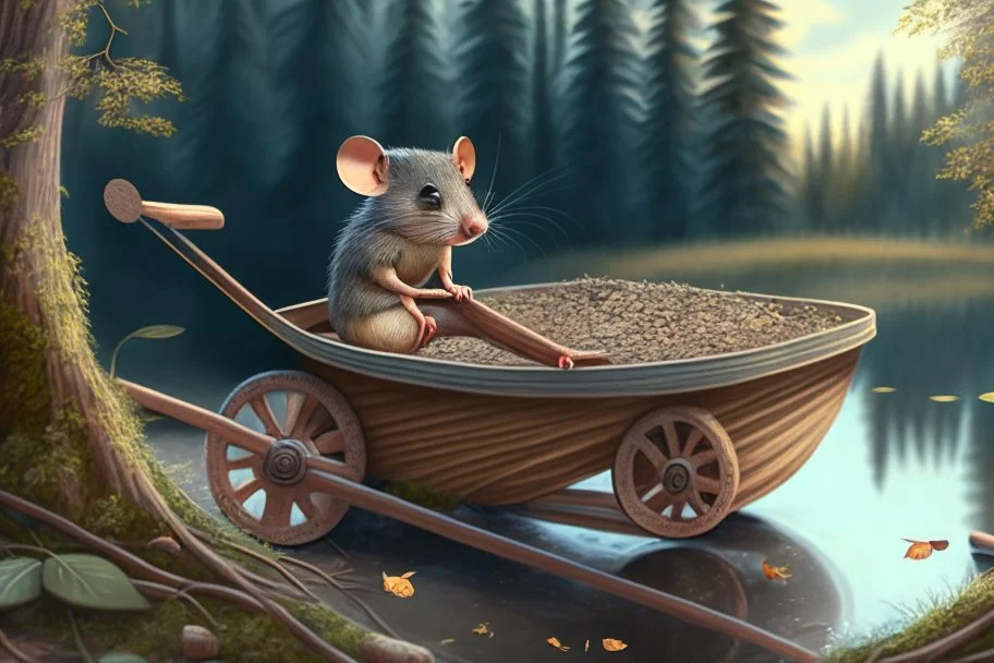 mouse in wheelbarrow, in forest by lake, book illustration, fine detail, 4k