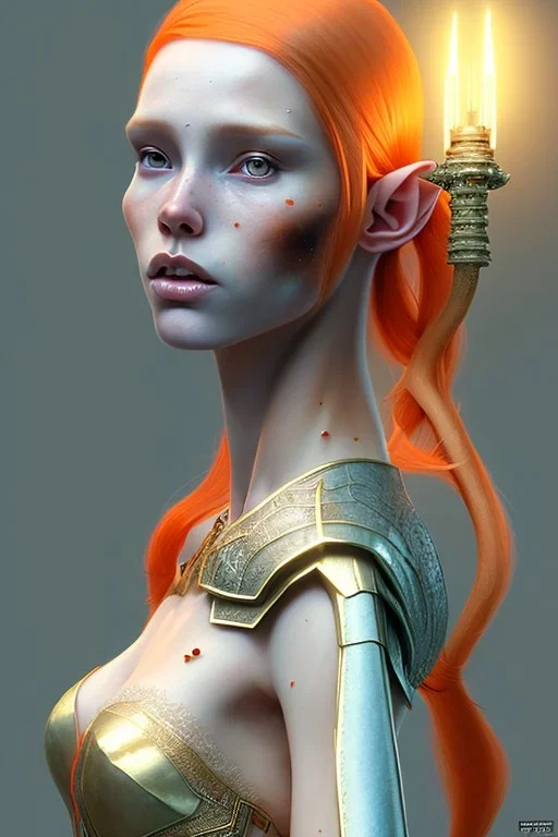 painting of a tall elven young woman with short light orange hair and freckles on the cheak bones and tall body of a topmodel light clothes, full body shot, ultra realistic, concept art, intricate details, eerie, highly detailed, photorealistic, octane render, 8 k, unreal engine. art by artgerm and greg rutkowski and charlie bowater and magali villeneuve and alphonse mucha