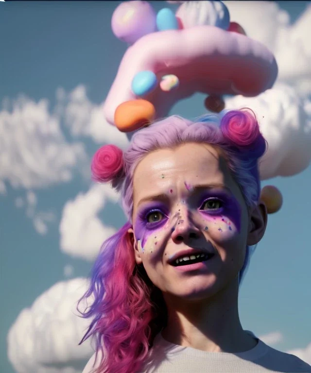 Ultra realistic clouds sky scene, wide angle, sweet childs falling down, inflatable color clothing, free jumping flying, many trinkets, monster hair, hair monster, many jelly beans, balls, smile, happy, circus style, extreme, wind, clouds sea, 20,000 feet altitude, stratosphere, soft color, highly detailed, unreal engine 5, ray tracing, RTX, lumen lighting, ultra detail, volumetric lighting, 3d, finely drawn, high definition, high resolution.