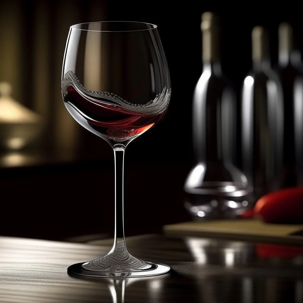 Design an intriguing scene where a wine glass is elegantly bending, as if it's made of a flexible material, while red wine flows gracefully from it, ultimately pouring onto the ground. The wine should form an artistic and captivating pattern as it cascades downward. Ensure that the visual captures the unique and captivating moment of the flexible glass and the flowing wine, making it a focal point of the scene