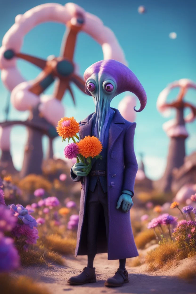 portrait of illithid mind flawyer holding weird flowers in his trunk in the style of pixar, on a strange planet with weird colors and wind turbines, bokeh like f/0.8, tilt-shift lens 8k, high detail, smooth render, down-light, unreal engine, prize winning