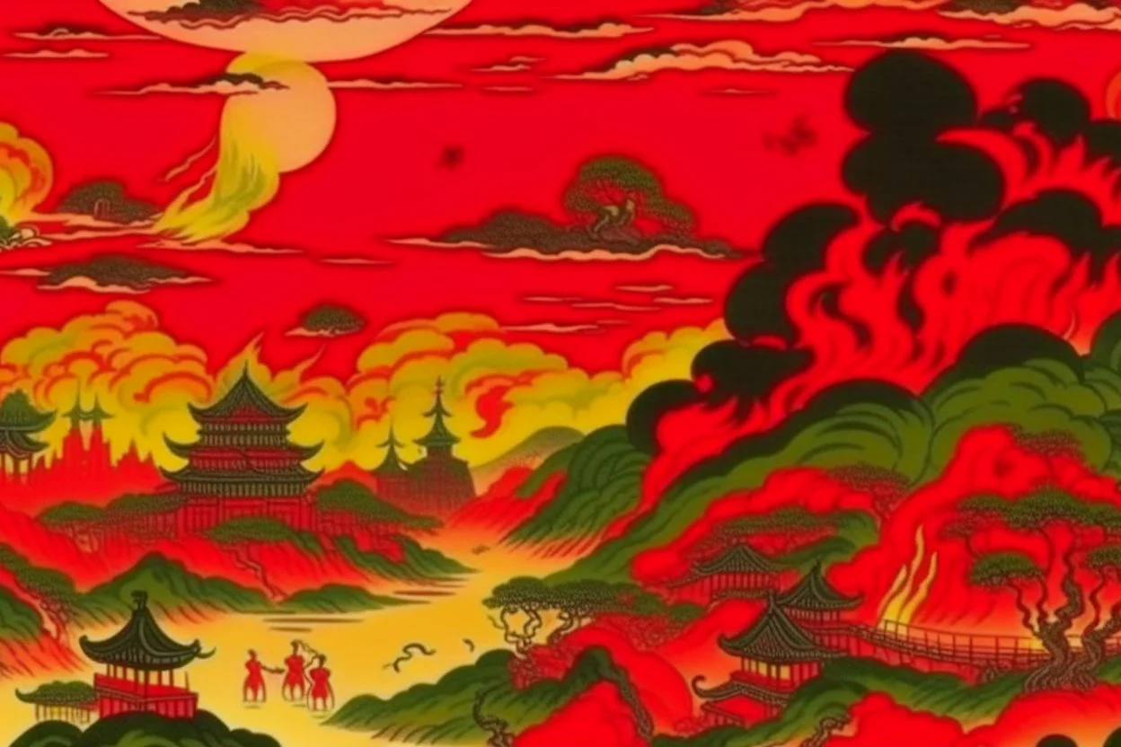 A red dream realm with scorching fire painted by Utagawa Hiroshige