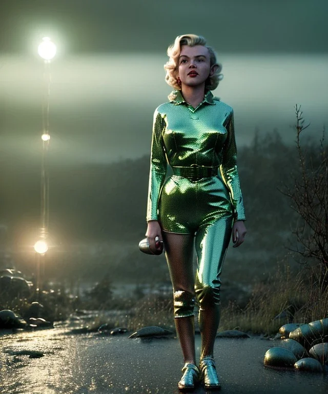 Ultra Realistic retro sci-fi 1960 scene, waist up view portrait, blonde woman, sweet young Marilyn Monroe face, perfect iris, tight latex coat, Strange planet background, Retro sci-fi style helmet, fog, rain, soft color, highly detailed, unreal engine 5, ray tracing, RTX, lumen lighting, ultra detail, volumetric lighting, 3d, finely drawn, high definition, high resolution.