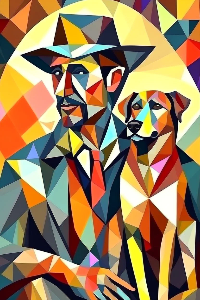 man and dog, cubism style, colorful, full details, high quality,