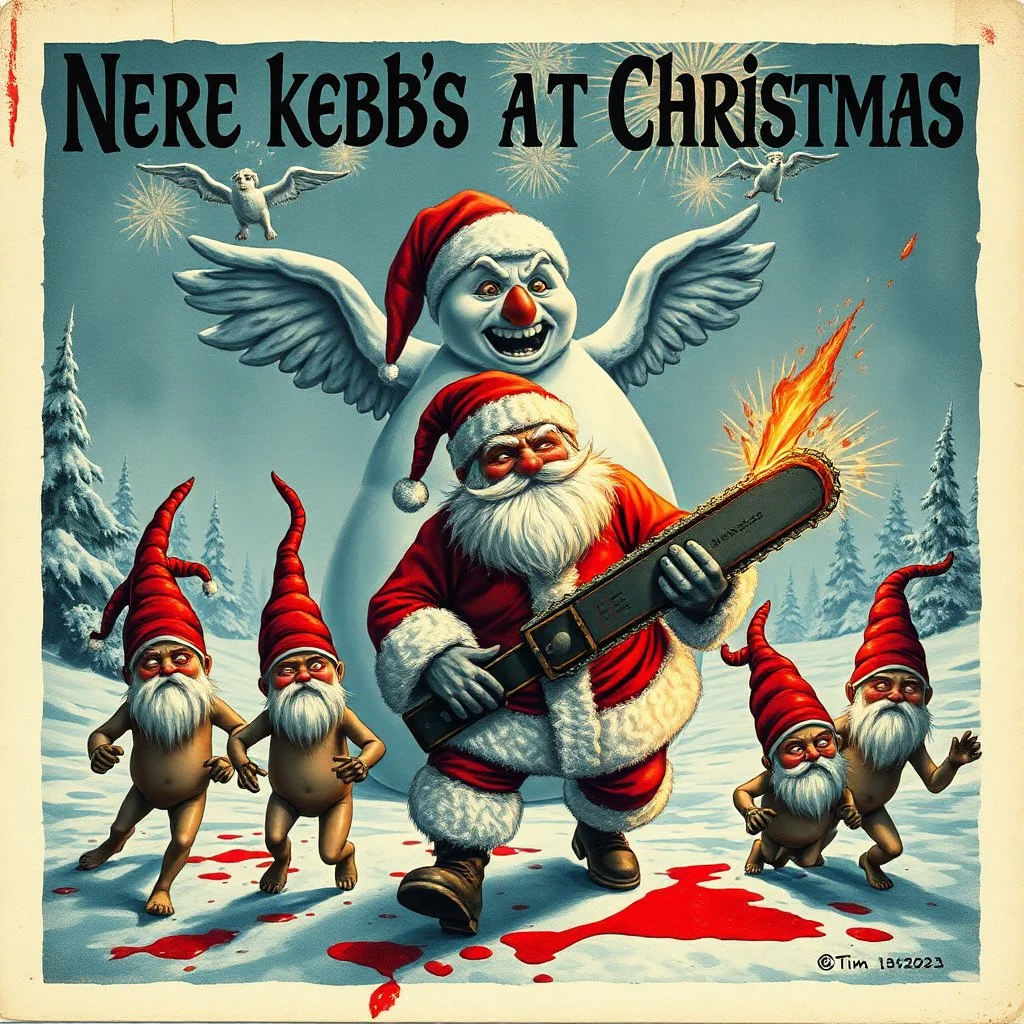 there is no kebabs at christmas, evil Santa, evil naked gnomes running around, staring flaming eyes, evil naked Rudolf, very big evil melting angry Frosty the snowman in background, 1940 christmas postcard, blood stains, Flying angels, Santa holding a chainsaw, fireworks, Tim burton style