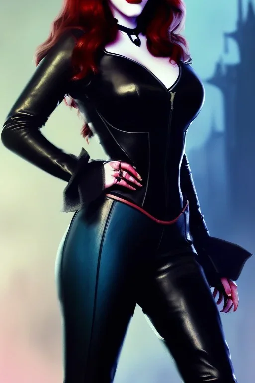 painting of kat dennings as evil queen in black leather pants, , leather, angry, stern look, volumetric lighting, particales,highly detailed,cinematic, deep colours,8, highly detailed, digital painting, artstation, concept art, smooth, sharp focus,