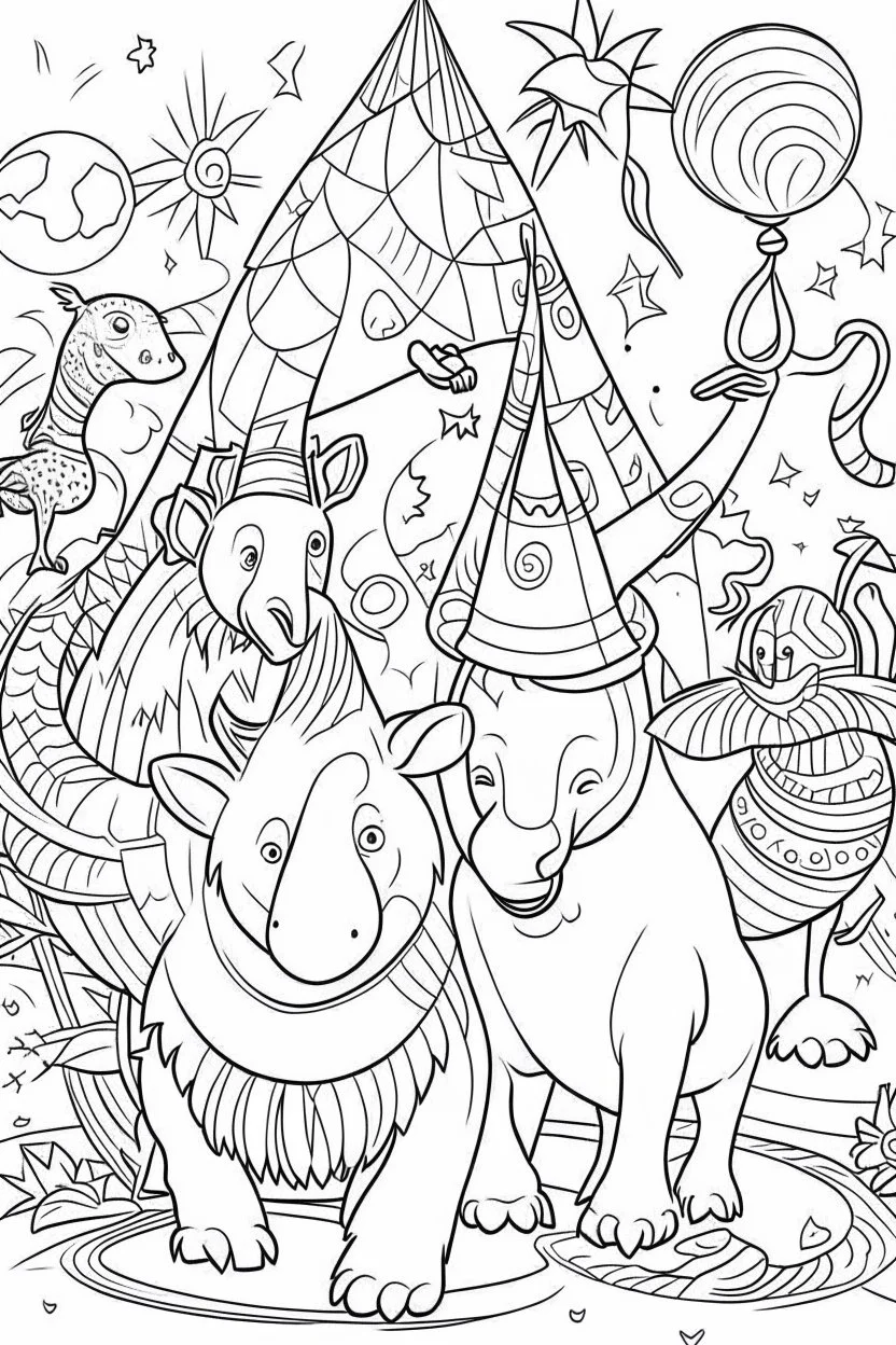 HAPPY NEW YEAR coloring page for kids, Party hats and streamers in an animal fiesta, thick outline, low details, no shading, no color