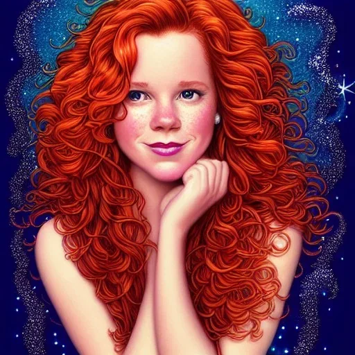 young adult Robyn Lively, her striking perfectly detailed clear eyes, her perfect, precisely detailed lightly freckled face, meticulously detailed long curly multi-hued ginger carrot cherry fire red hair, luminous colorful sparkles; by james r. eads, gawki, rajewel, tania rivilis, dan mumford, lisa frank, artgerm, greg rutkowski, alphonse mucha and william-adolphe bouguereau; glitter, airbrush, octane render, volumetric lighting, 16k, photorealistic digital painting