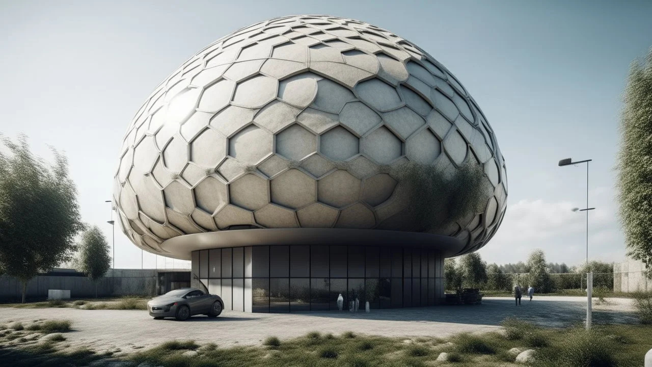 edificio diseñado con Esfera ,de material principal a base de Panel prefabricado de hormigón, fondo natural neutro con alguna persona, animal o vehículo