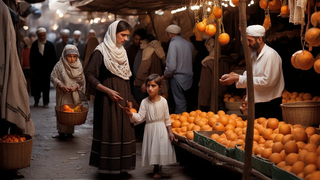 A full-length Palestinian girl wearing an embroidered dress and a white embroidered shawl buys oranges from an old seller wearing a keffiyeh in the market of Jerusalem, 100 years ago, at night with multi-colored lights reflecting on her.