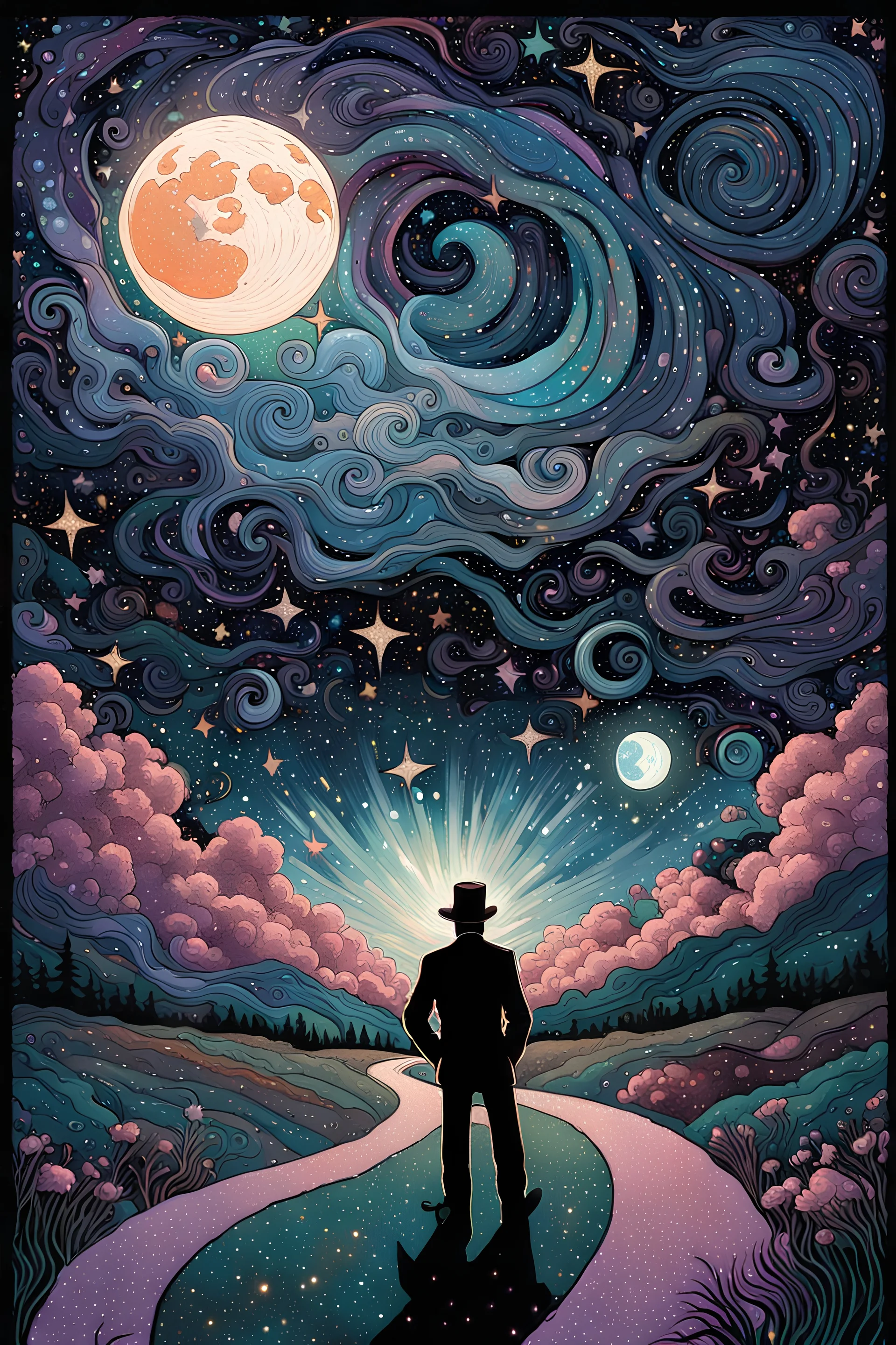 Robert Johnson at the crossroads; swirling in glittering stars, a sun and a moon gaze across the nebula sky with deep longing; deep color, purple, teal, silver, seafoam green, pink, peach, orange, glitter, stars, luminous color sparkles, highly detailed comic art; starry night, by James R. Eads, Ellie Paisley Brooks-Miller art, Tania Rivilis, Renata-s-art, Dan Mumford; luminous colorful sparkles, glitter, airbrush, depth of field