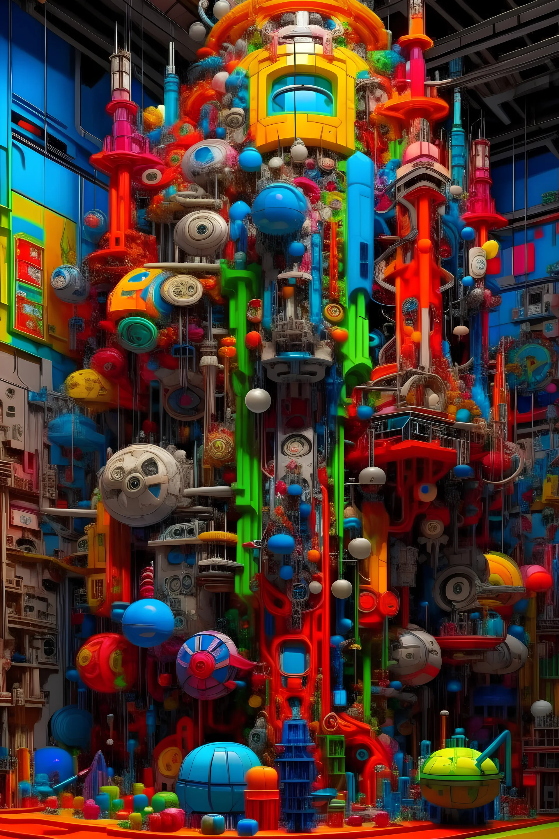 there is a large display of different colored objects on display, made up of many bits of plastics, waxy objects, resin forms, bio- mechanical form of life, colorful ferrofluid armor, mesmerizing, tubes, abstract 3 d artwork, maximalism digital art, junk, fantasy. intricate, hypermaximalistic, surreal material, organic mechanical shapes, many pipes, acrylic art, perfect maximalistic composition by Android Jones, Beeple, Winkelmann, masterpiece