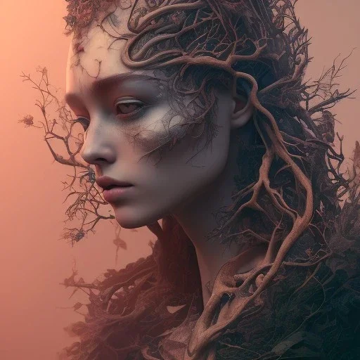 "full face tattoo of leaves and gnarled branches extending past face and morphing into reality, 8k resolution, high-quality, fine-detail, muted colors,intricate, digital art, detailed matte, volumetric lighting, illustration, octane render