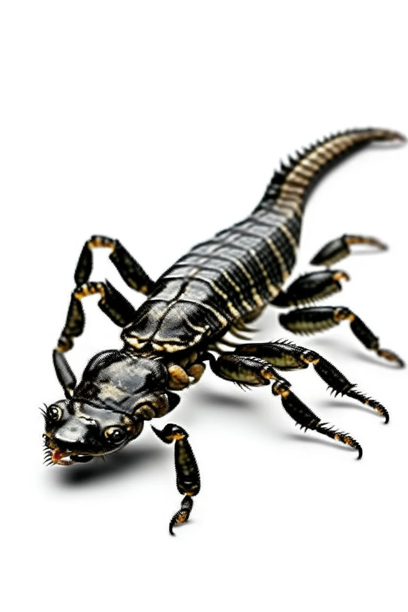 Black emperor Scorpio emblem on a burning landscape background With its Tail curled up behind his back ready to strike and from claws grasping under a storming sky with blue lightening striking around it