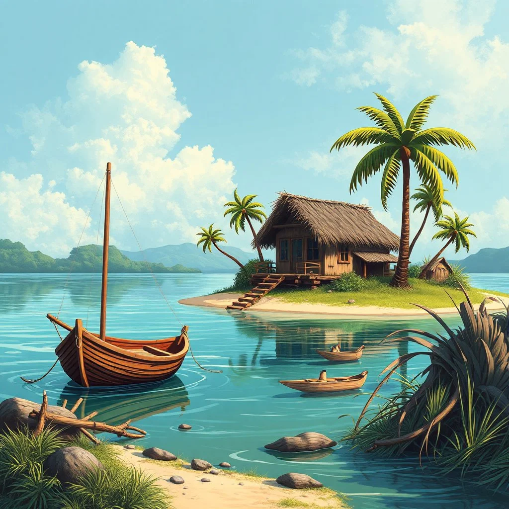 Robinson Crusoe reach the island he build his house, and outside. He has his boat by the River Bank.