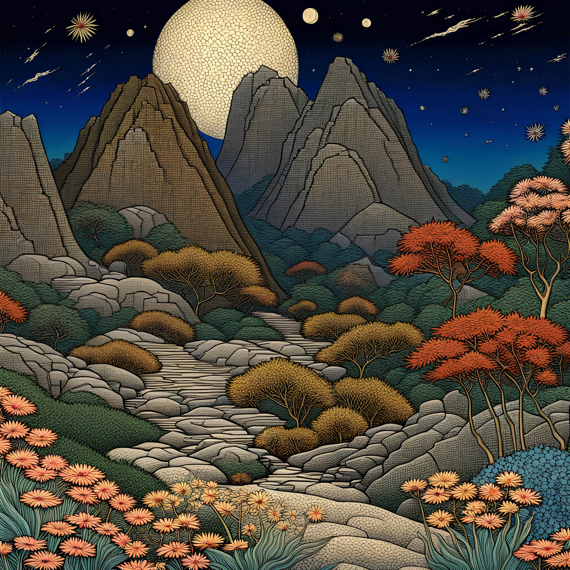 Colourful, peaceful, Hiroshige, Henri Rousseau, night sky filled with galaxies and stars, rock formations with fossils, flowers, one-line drawing, sharp focus, 8k, deep 3d field, intricate, ornate