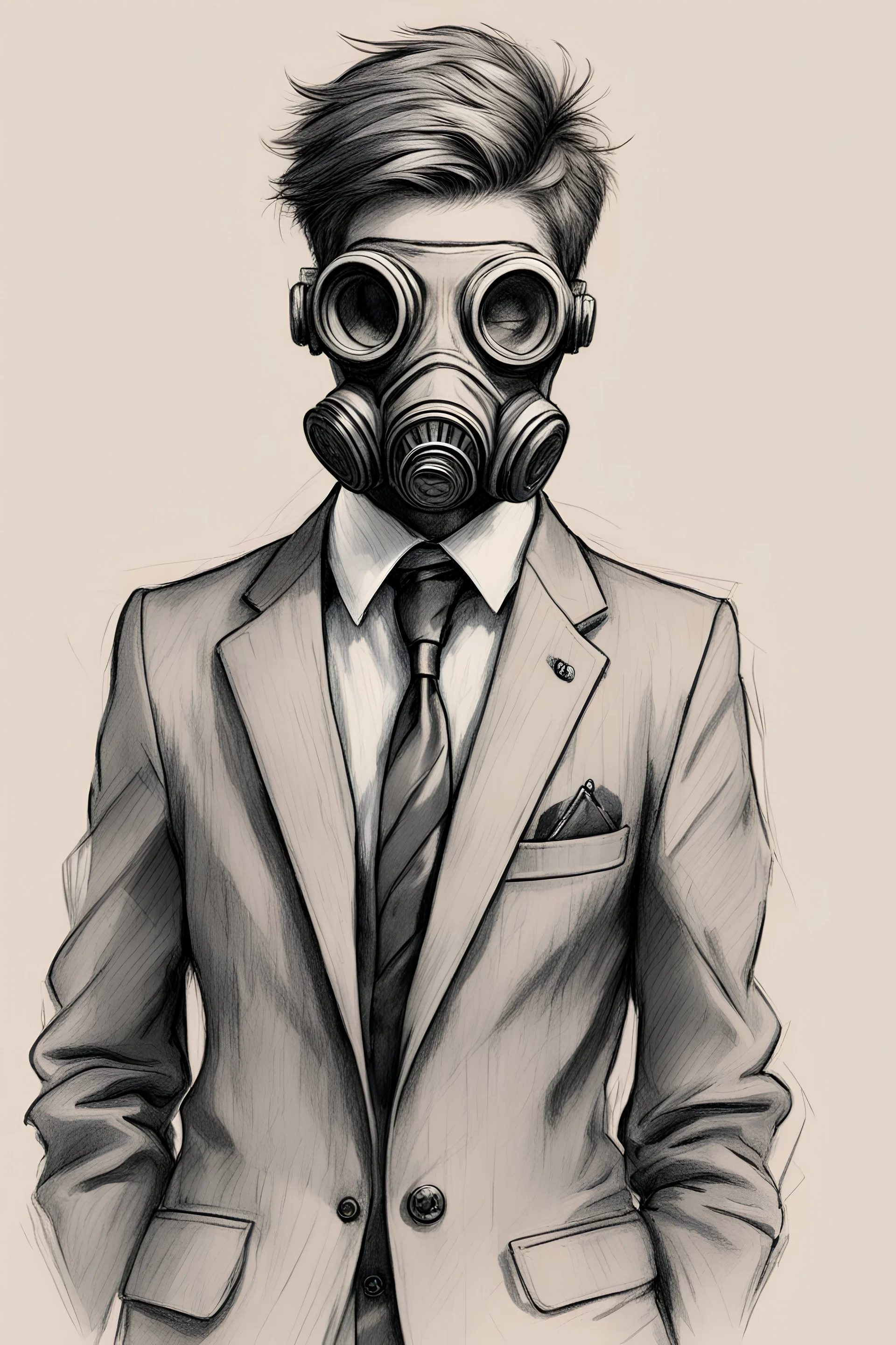 A sketch of a teenager wearing a suit with a gas mask