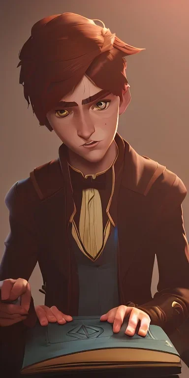 A little handsome brown haired warlock kid with his dark book of shadows casting a spell by Nick Harris