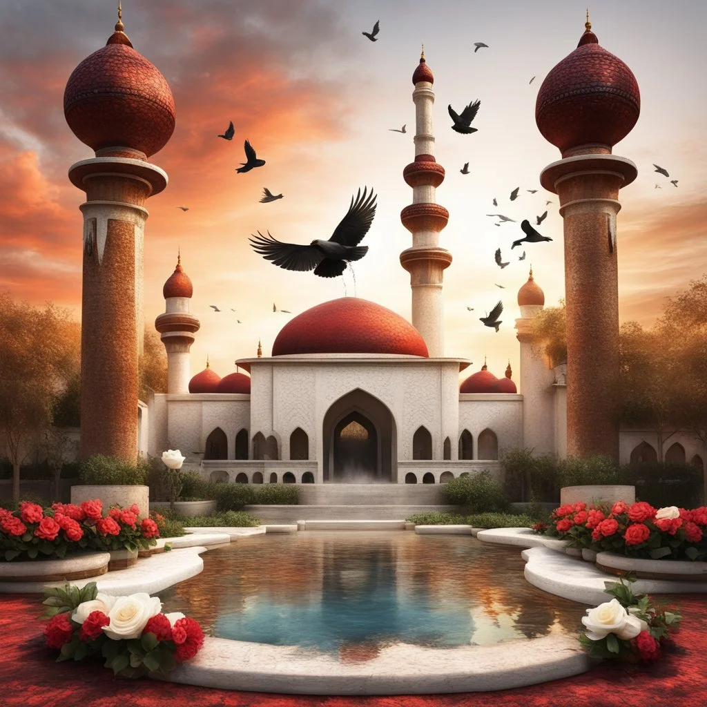 Hyper Realistic red, brown, black, golden & white multicolor grungy rustic textured Mosque with beautiful fountain & white rose garden with beautiful sunset & birds flying