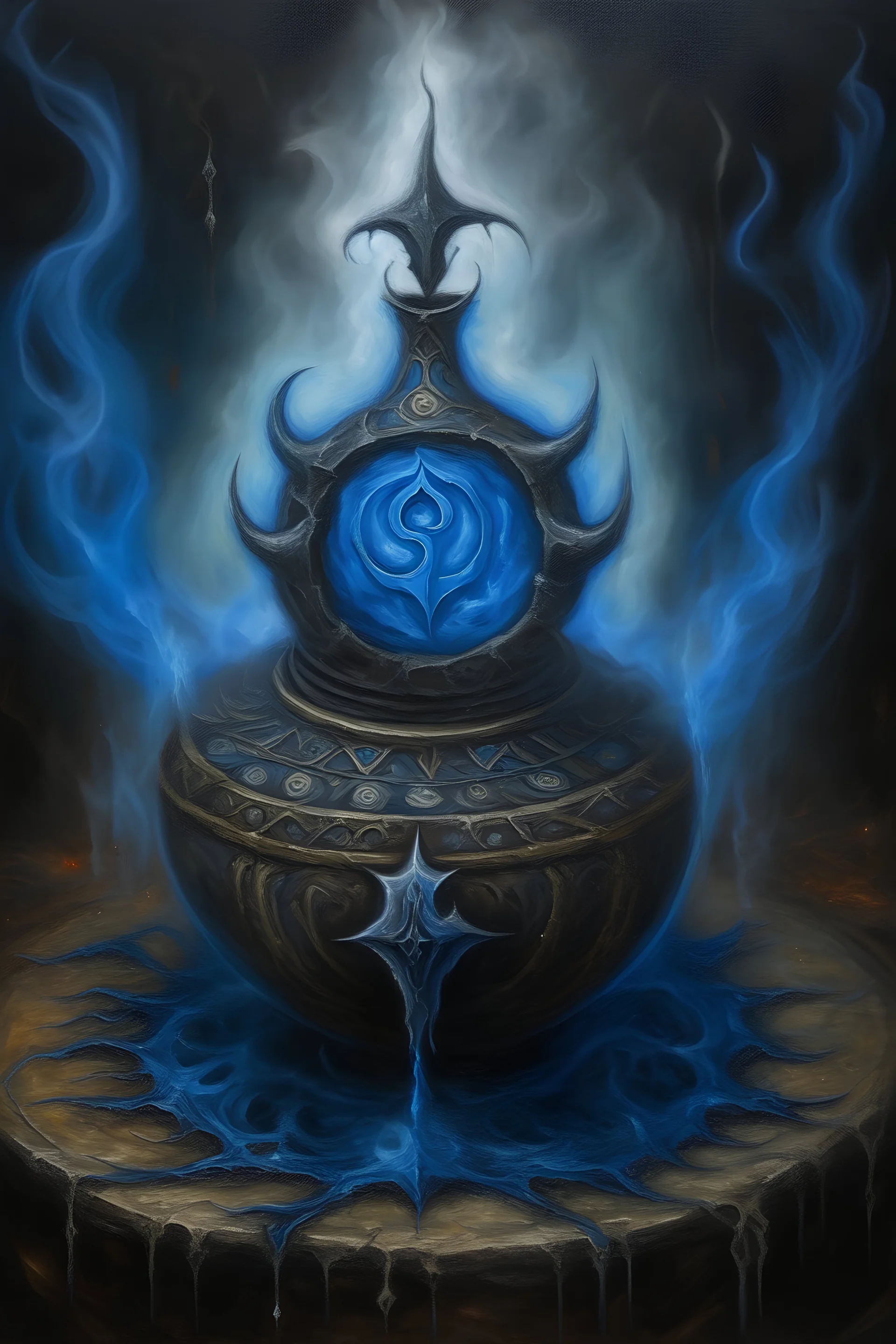 Living cauldron with blue sigil, slightly demonic, prize winning oil painting