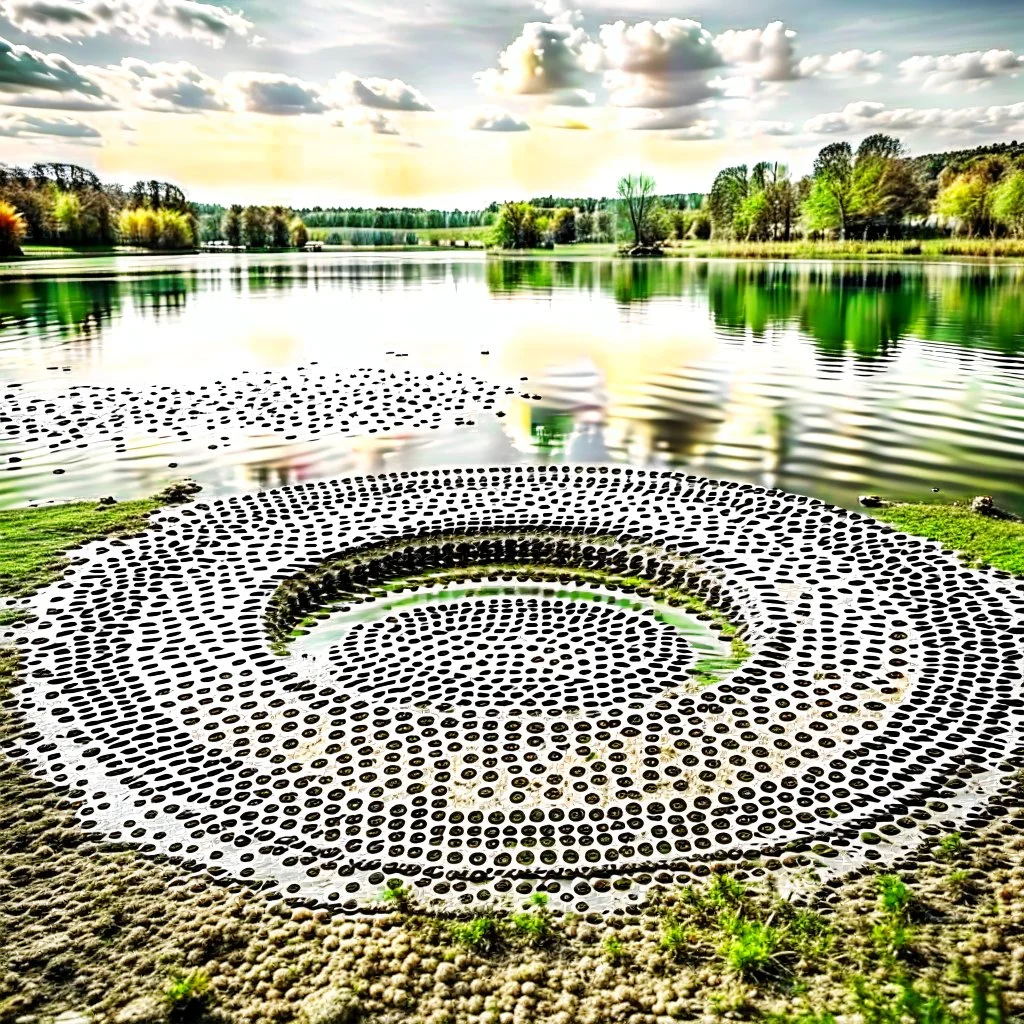 country side a calm lake ,a circular heavy plate with circle holes on it drops from distance in the lake water and splashes of water