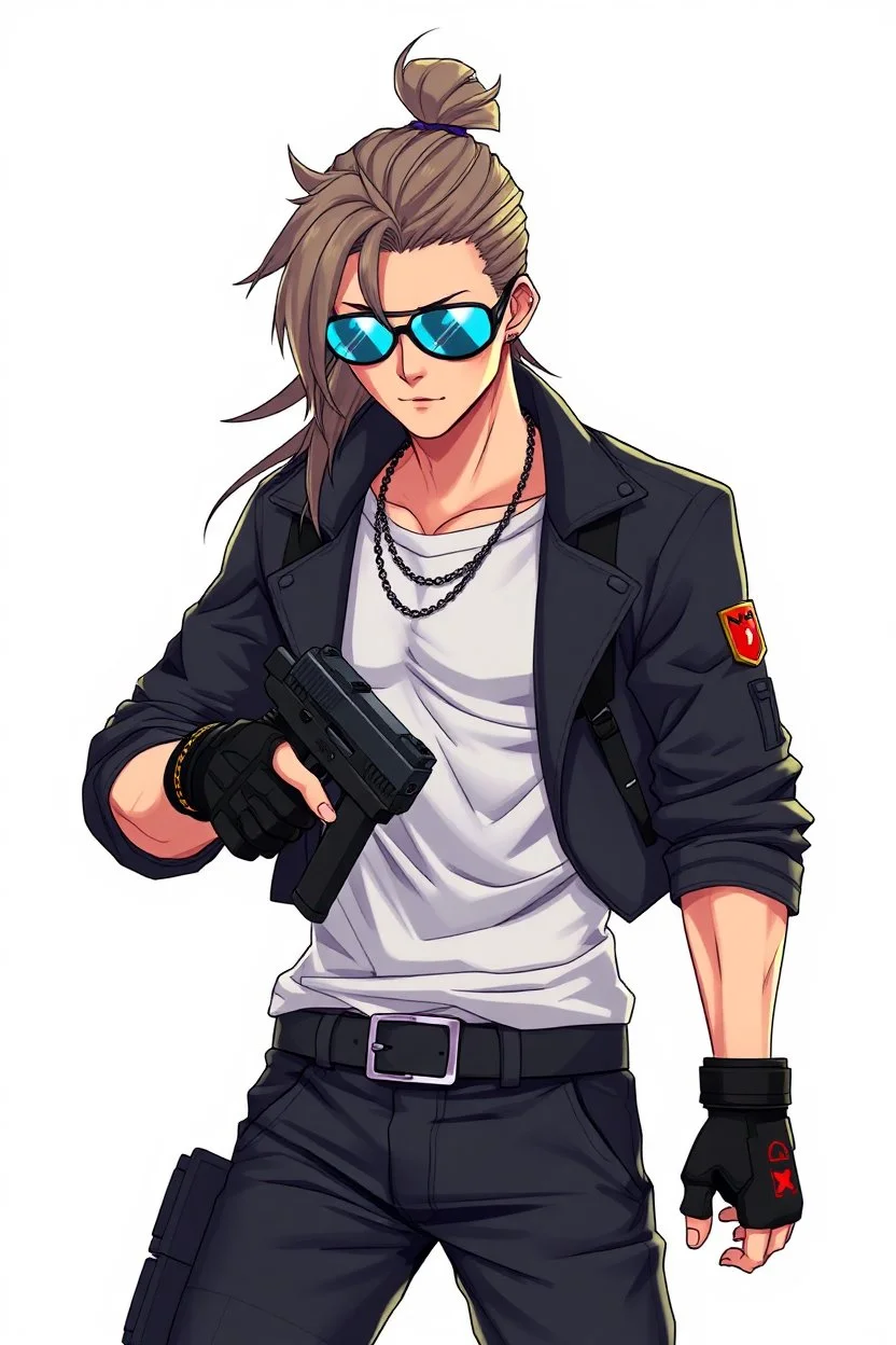 male cyberpunk solo with long hair tail, Norwegian, Wearing Leisureware and mirrored sunglasses, armed with heavy pistol, lean, nice, Anime Style, Retroanime, Video Game Character
