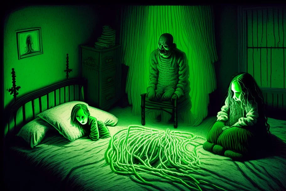 a knitted girl sitting on a bed and vomiting green lines, an exorcist priest standing next to her bed in a room in candlelight at night