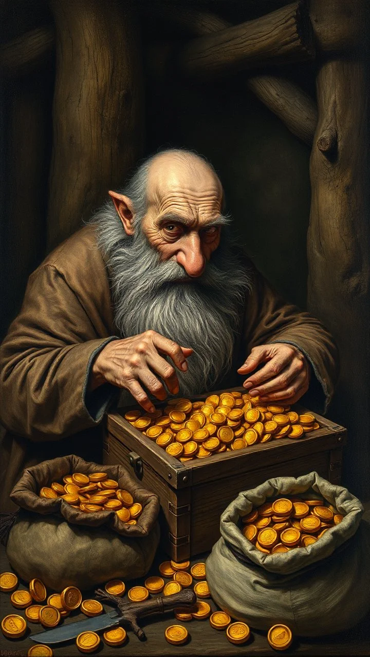 Bosch painting style nightmare, A greedy old man with bear and big nose busy counting his gold coins in a box and bags , he looks mean to the view