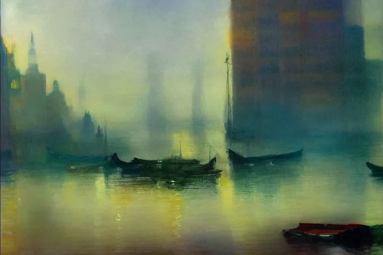 City, distant city, sea, ships, sea reflections, mist, lesser ury impressionism paintings